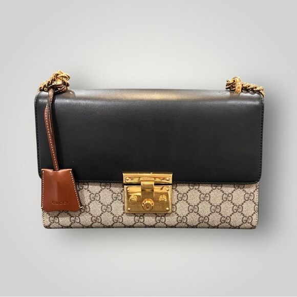 GUCCI 
GG Supreme Monogram Calfskin Padlock Shoulder Bag Beige Black - Picture 11 of 11